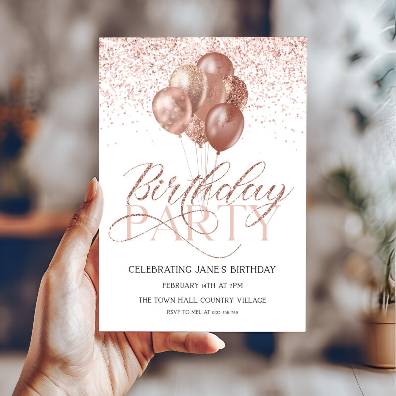 Birthday Party Invitation Rose Gold Balloons