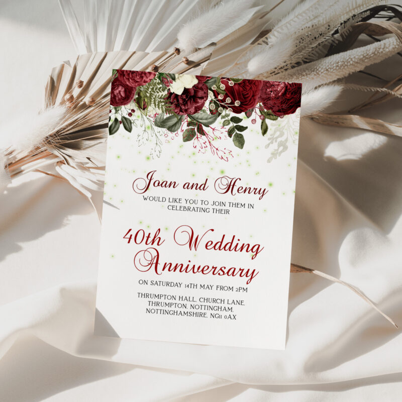 Red Floral 40th Wedding Anniversary Invitation