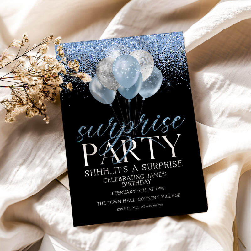 Blue Silver Surprise Birthday Corjl Invitation