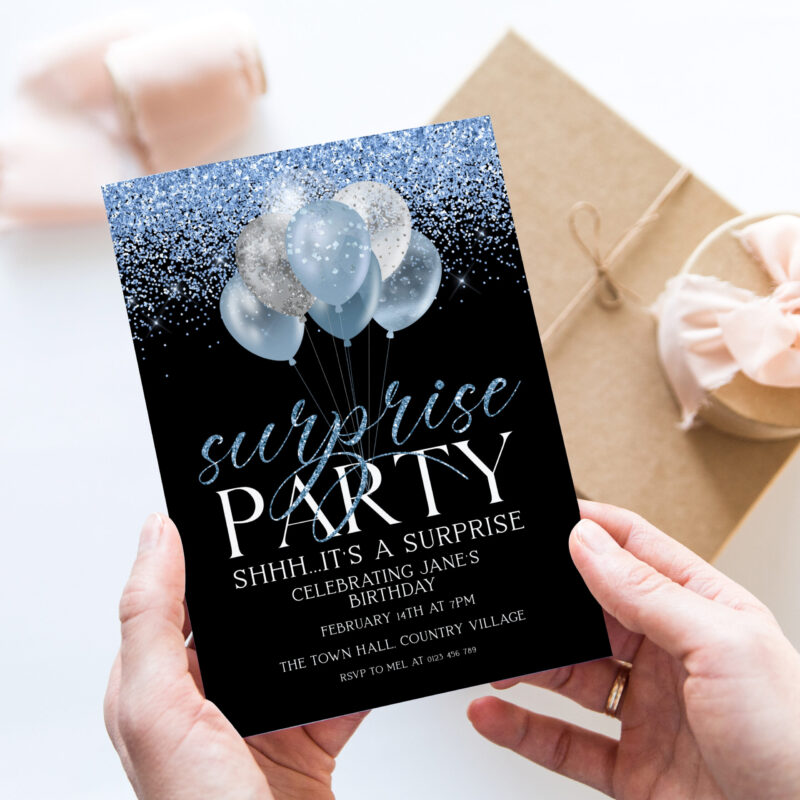 Blue Silver Surprise Birthday Corjl Invitation