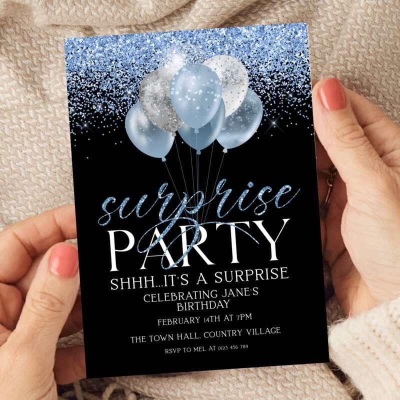 Blue Silver Surprise Birthday Corjl Invitation