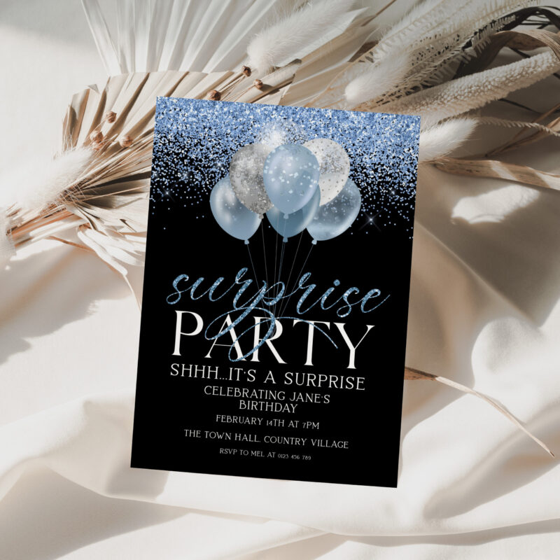 Blue Silver Surprise Birthday Corjl Invitation