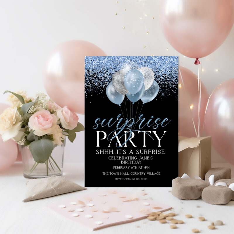 Blue Silver Surprise Birthday Invitation