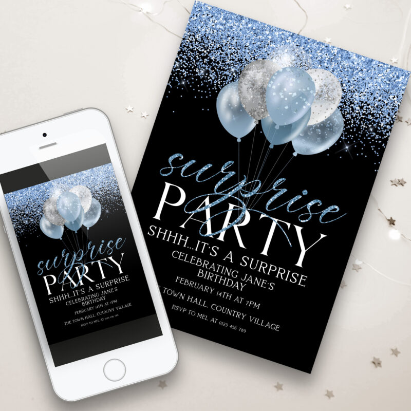 Blue Silver Surprise Birthday Invitation