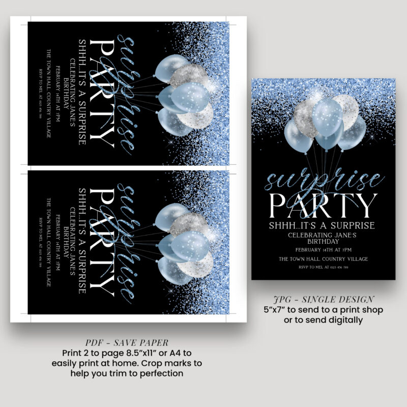 Blue Silver Surprise Birthday Invitation