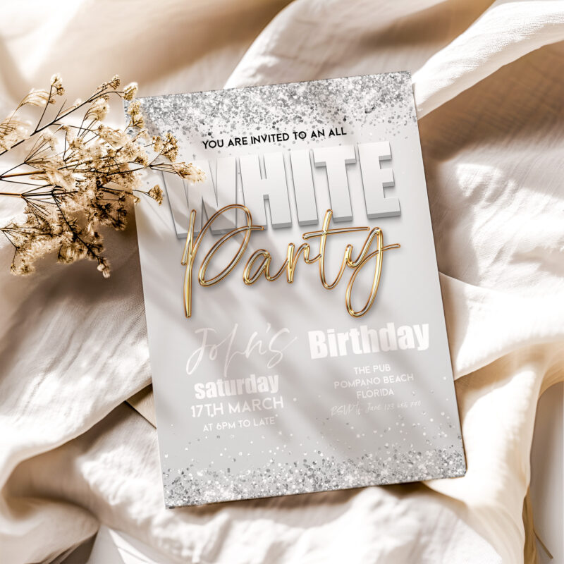 white party theme invite