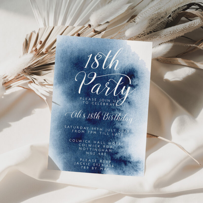 Blue Watercolour 18th Birthday Invitation