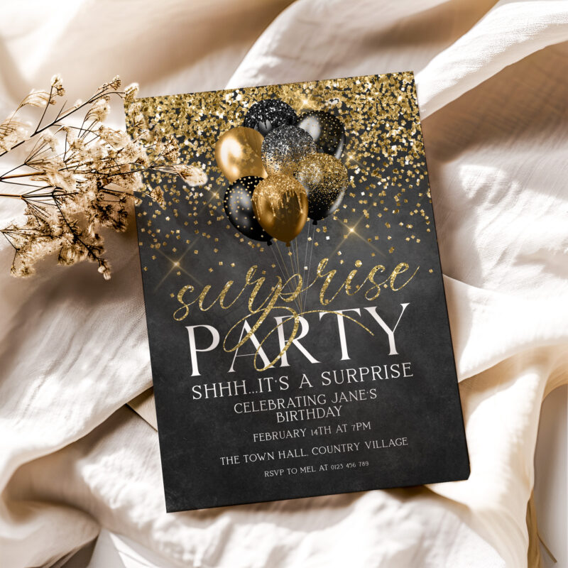 Black and Gold Surprise Party Invitation