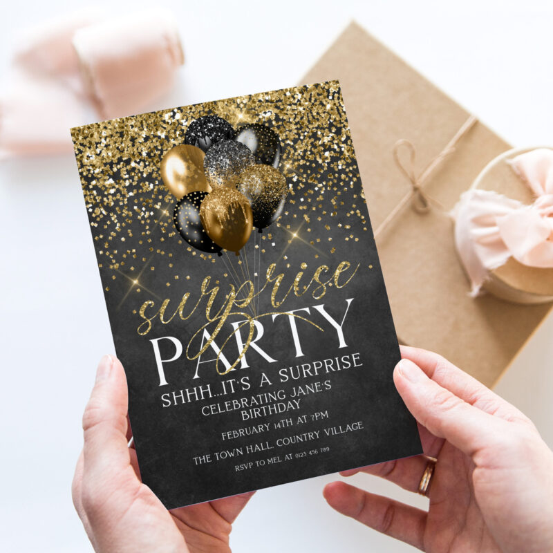 Black and Gold Surprise Party Invitation