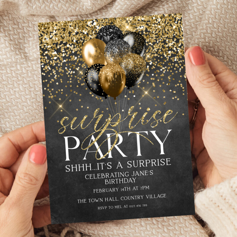 Black and Gold Surprise Party Invitation