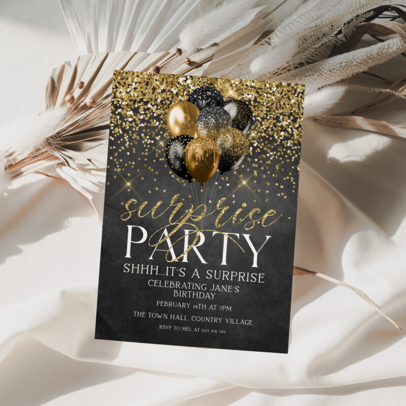 Black and Gold Surprise Party Invitation