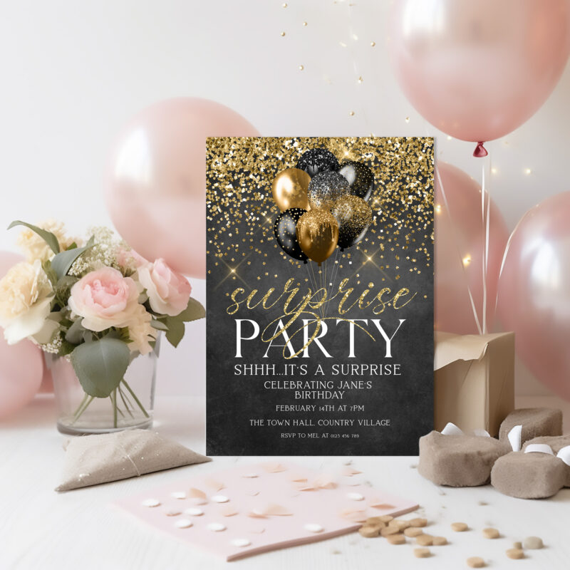 Black and Gold Surprise Party Invitation