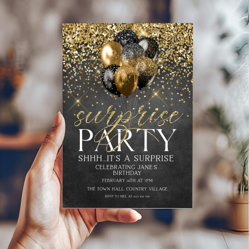 Black and Gold Surprise Party Invitation