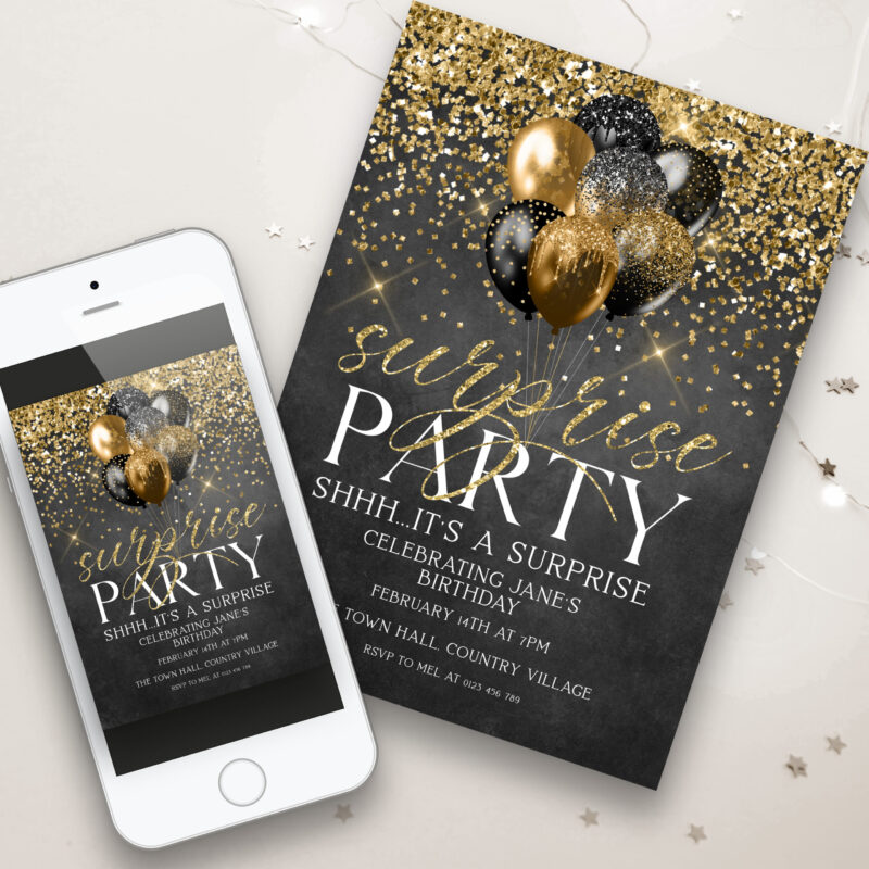 Black and Gold Surprise Party Invitation