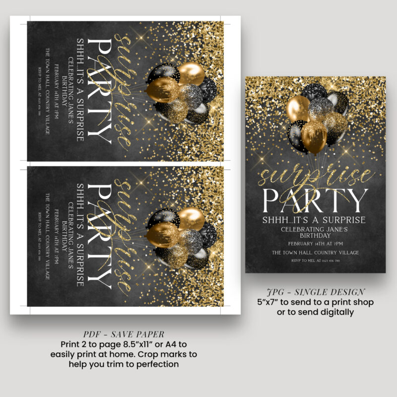 Black and Gold Surprise Party Invitation