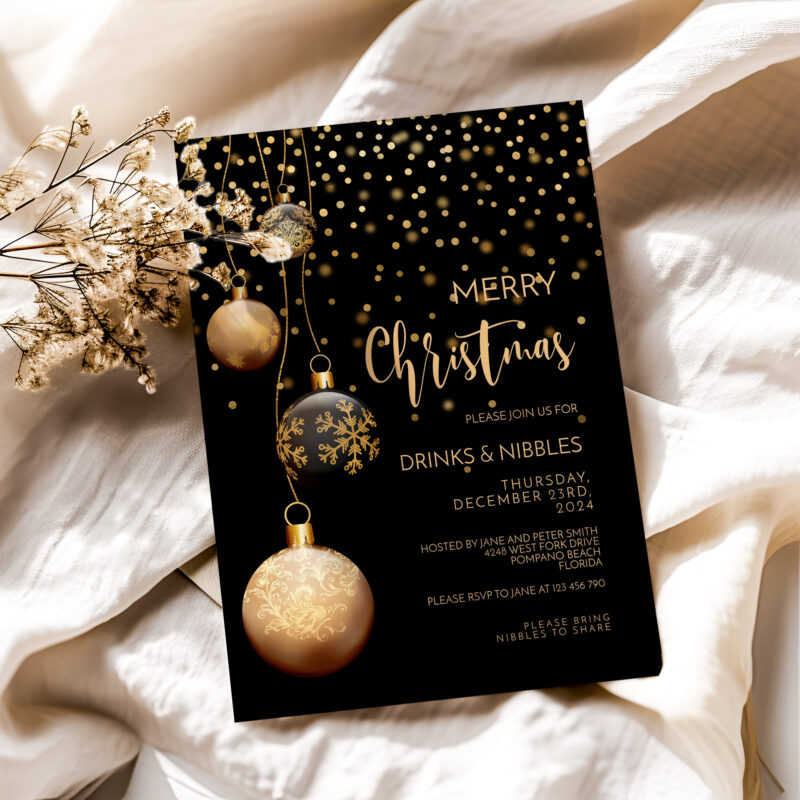 Christmas Invitation Black and Gold Baubles 1