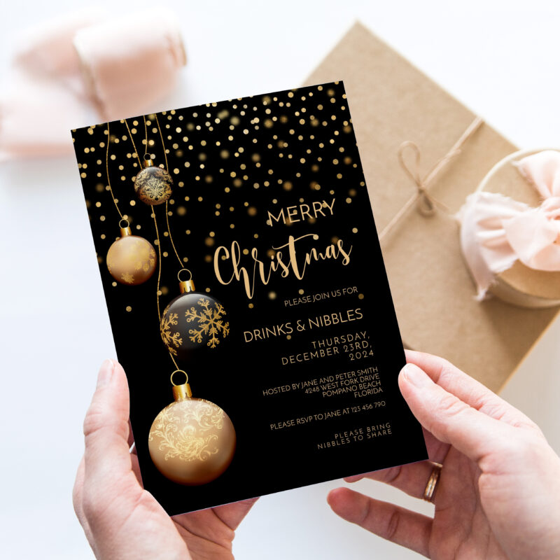 Christmas Invitation Black and Gold Baubles 2