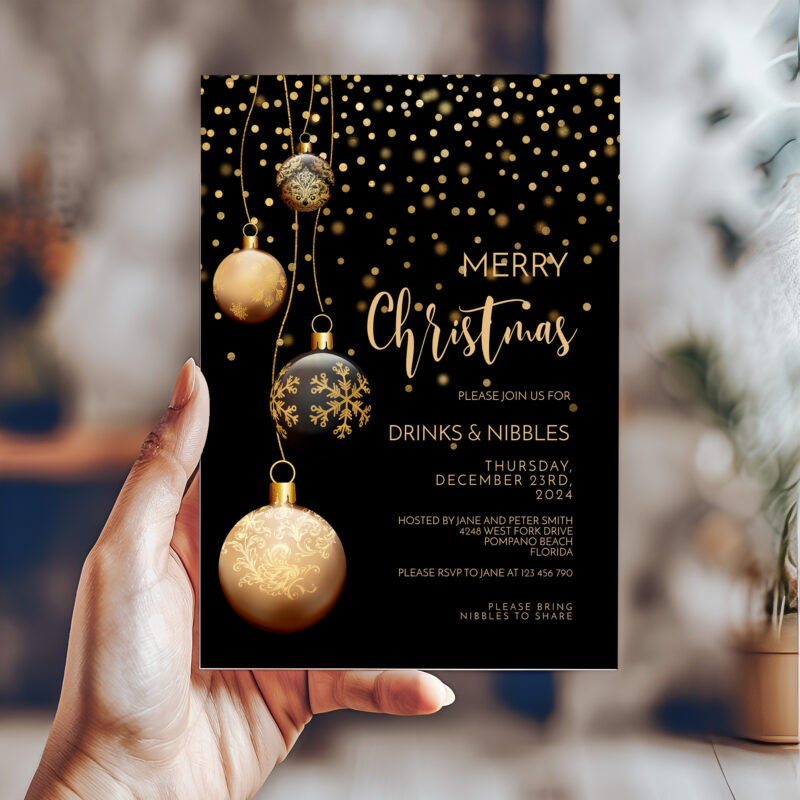 Christmas Invitation Black and Gold Baubles 3