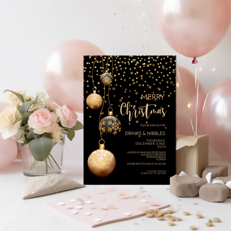 Christmas Invitation Black and Gold Baubles 4