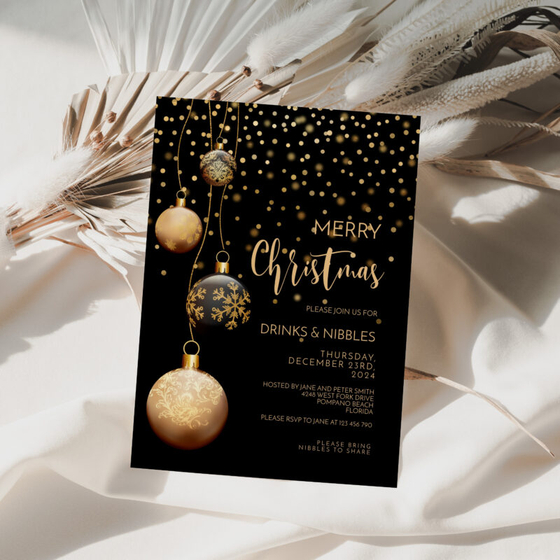 Christmas Invitation Black and Gold Baubles 5