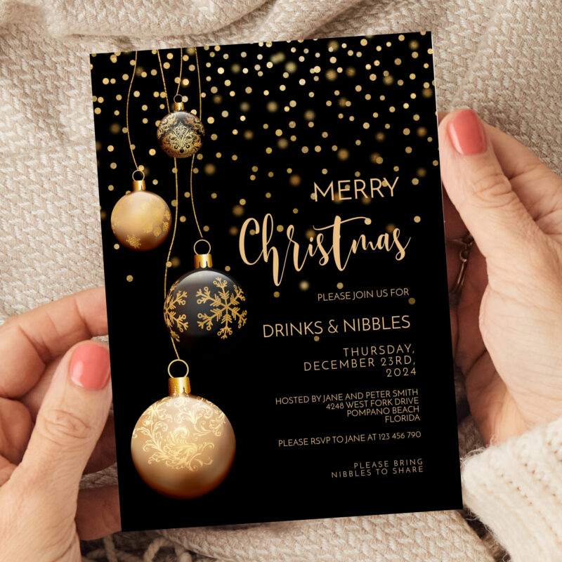 Christmas Invitation Black and Gold Baubles 6