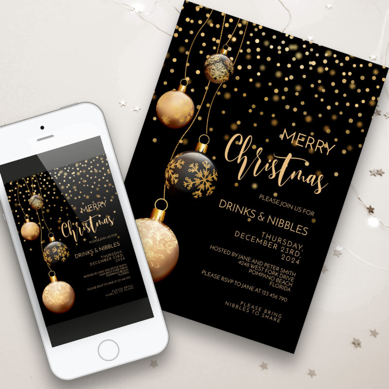 Christmas Invitation Black and Gold Baubles 7