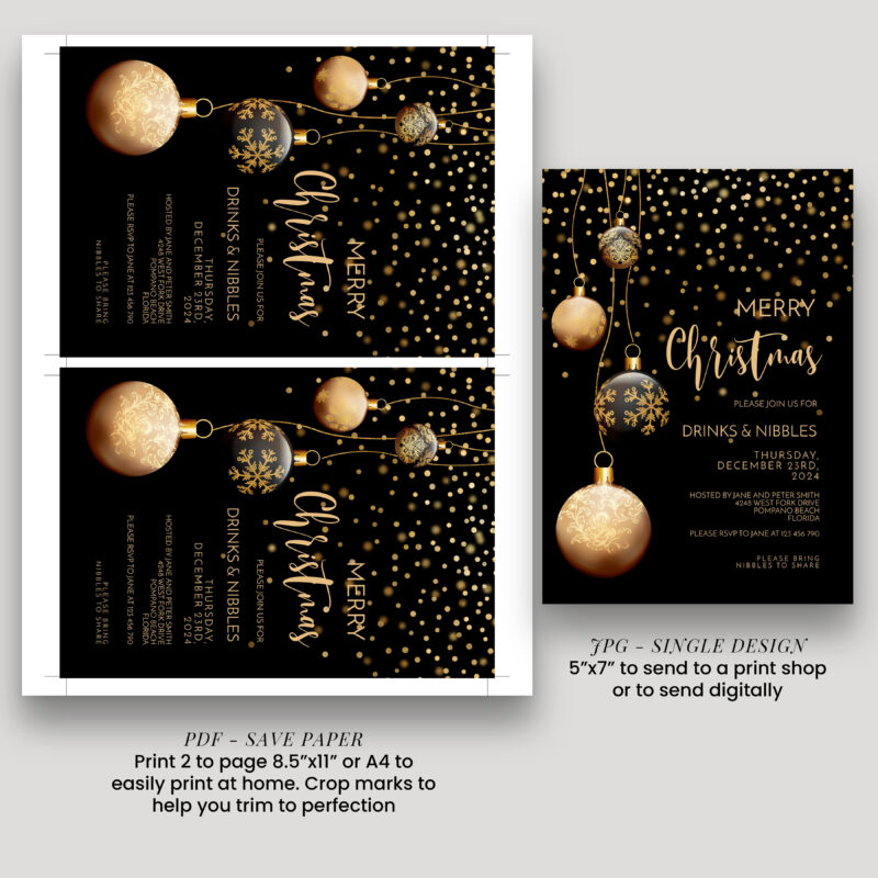 Christmas Invitation Black and Gold Baubles 8