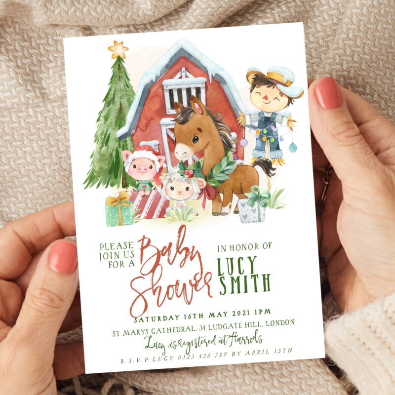 Christmas Farmyard Baby Shower Invitation