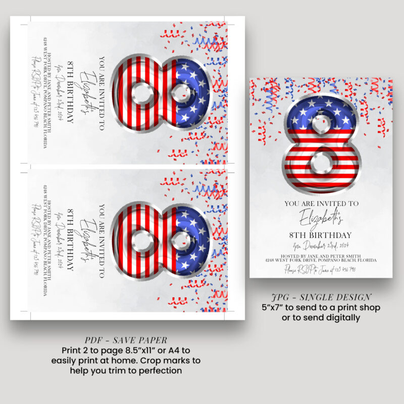 Patriotic 8th Birthday Invitation 8