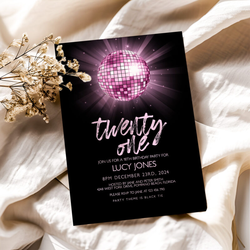 Pink Disco Ball Birthday Invitation 1