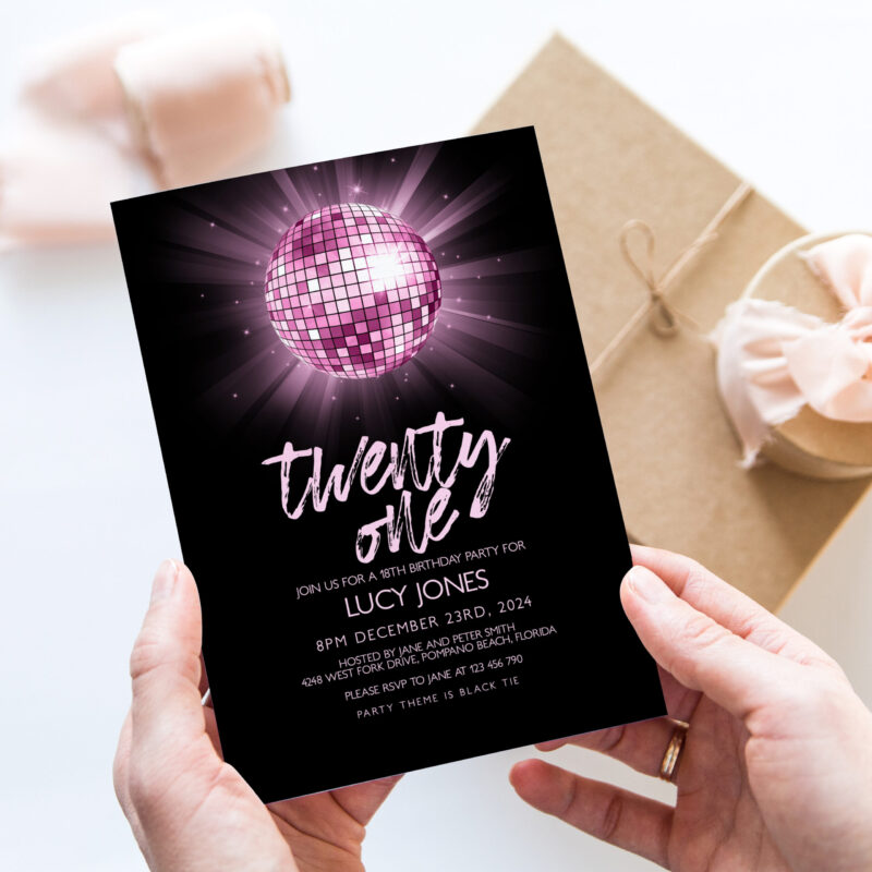 Pink Disco Ball Birthday Invitation 2