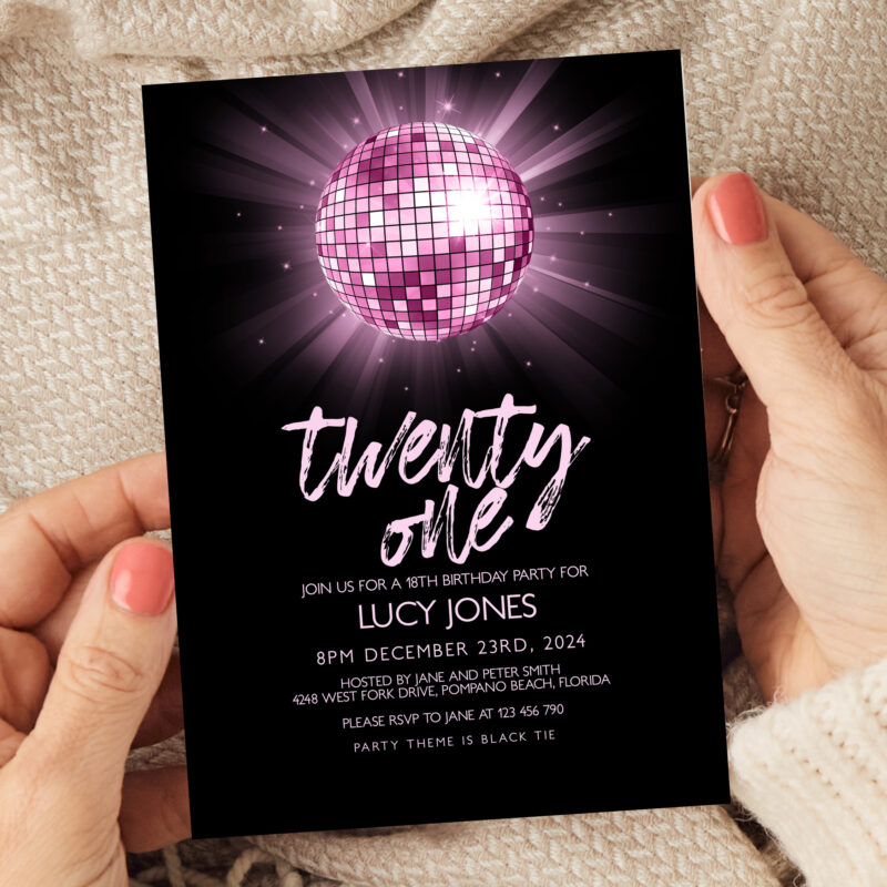 Pink Disco Ball Birthday Invitation 3