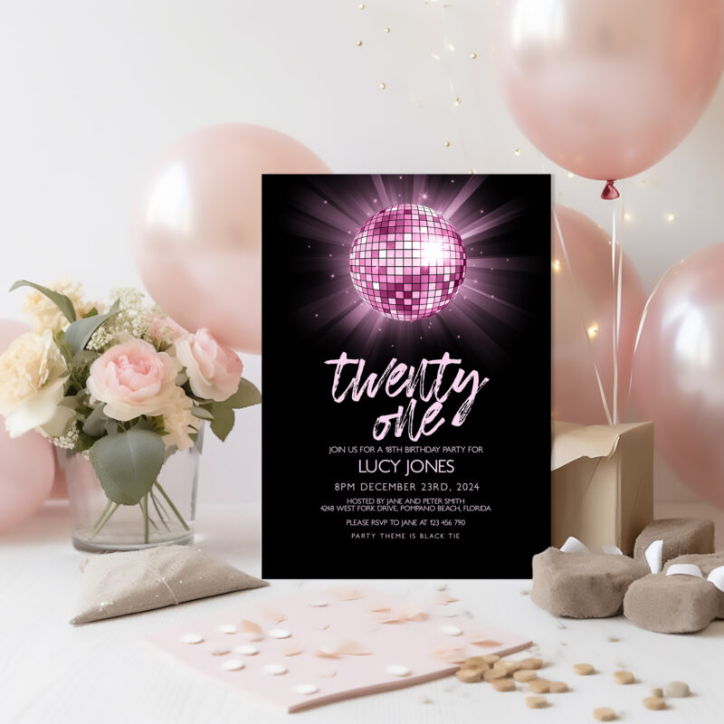 Pink Disco Ball Birthday Invitation 5