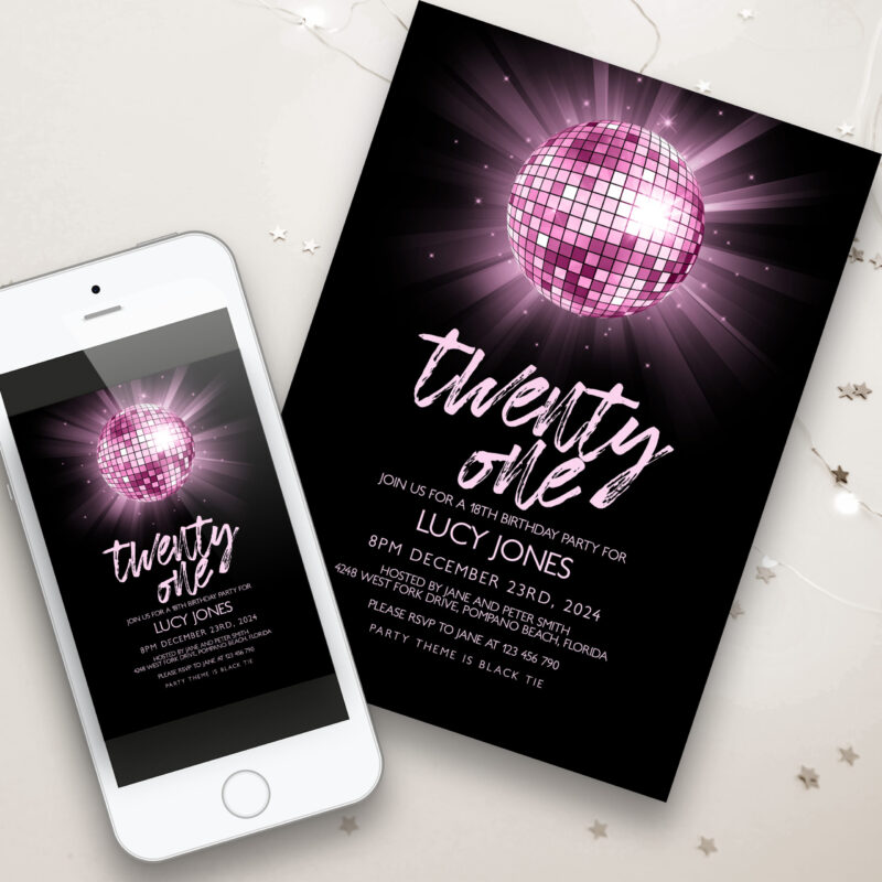 Pink Disco Ball Birthday Invitation 7