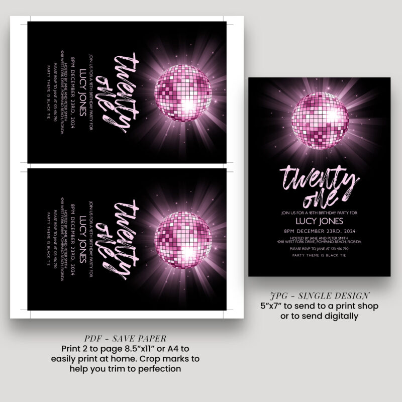 Pink Disco Ball Birthday Invitation 8