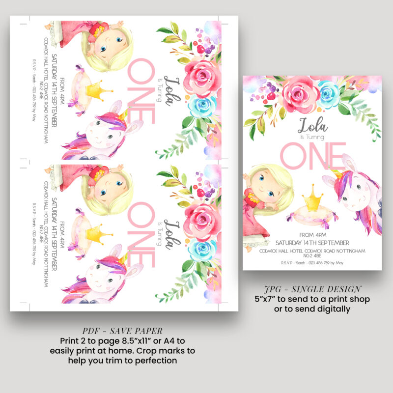 Princess and Unicorn Birthday Invitation 8