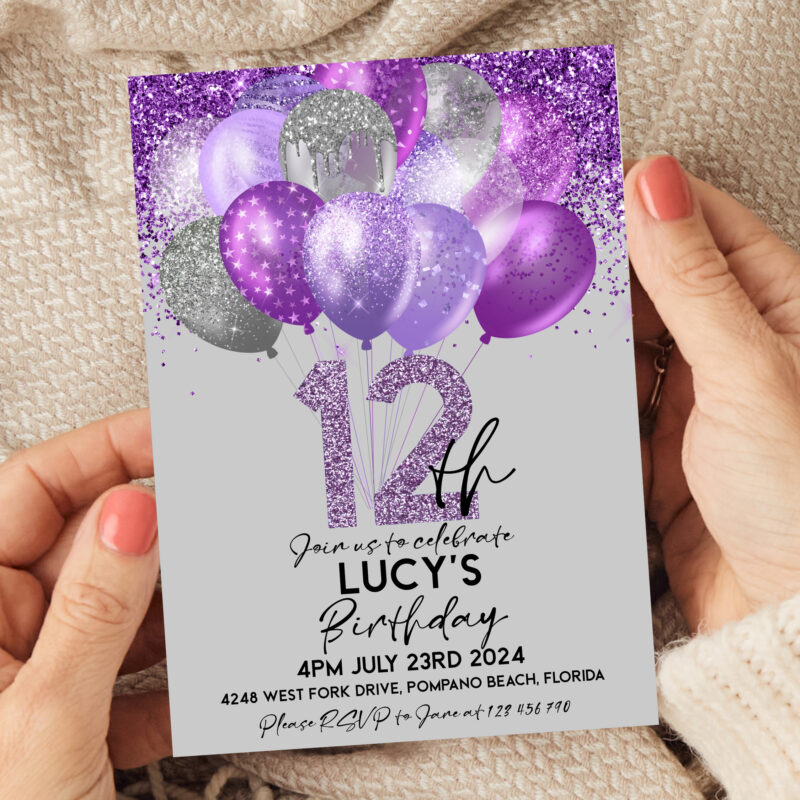 Any Age Purple Balloons Glitter Invitation