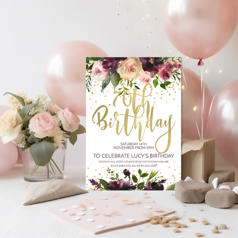 70th floral birthday invitation