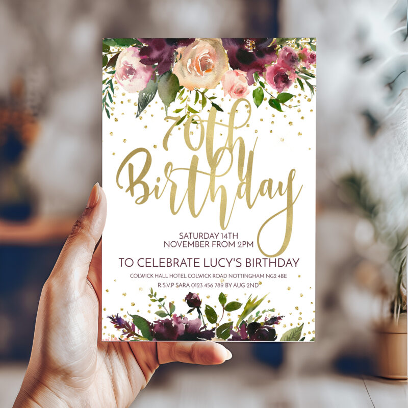 70th floral birthday invitation