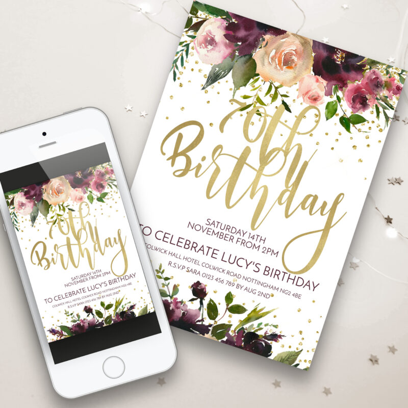 70th floral birthday invitation