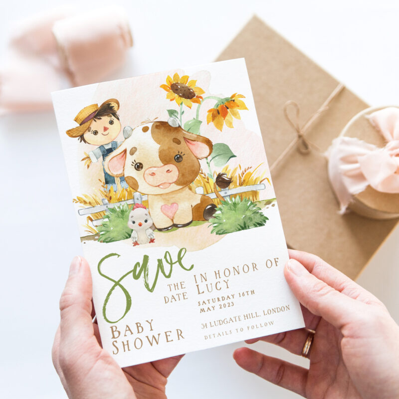 Cow Farmyard Save the Date Baby Shower Invitation