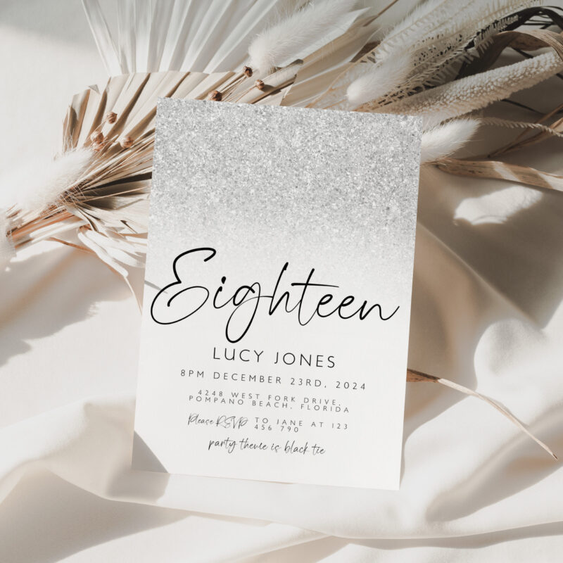 silver glitter invitation