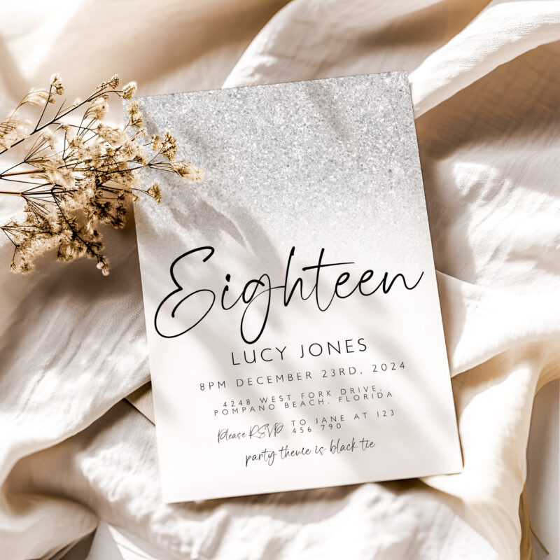 silver glitter invitation