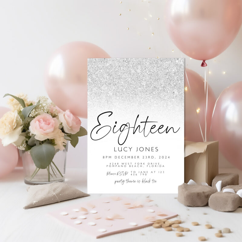 silver glitter invitation