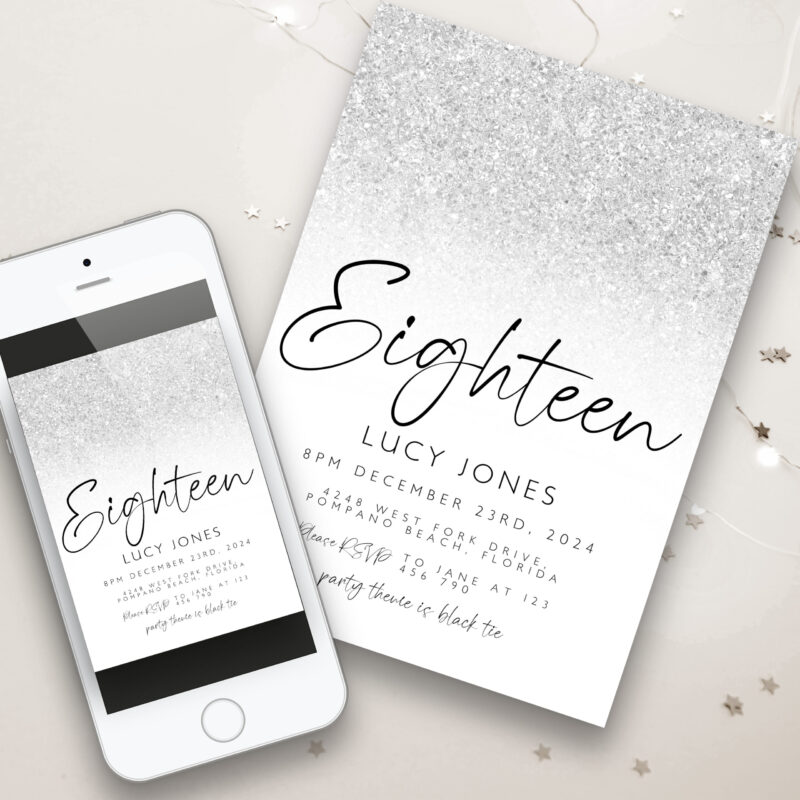 silver glitter invitation