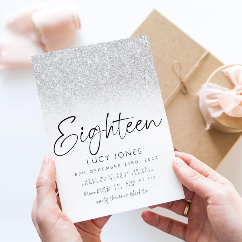 silver glitter invitation