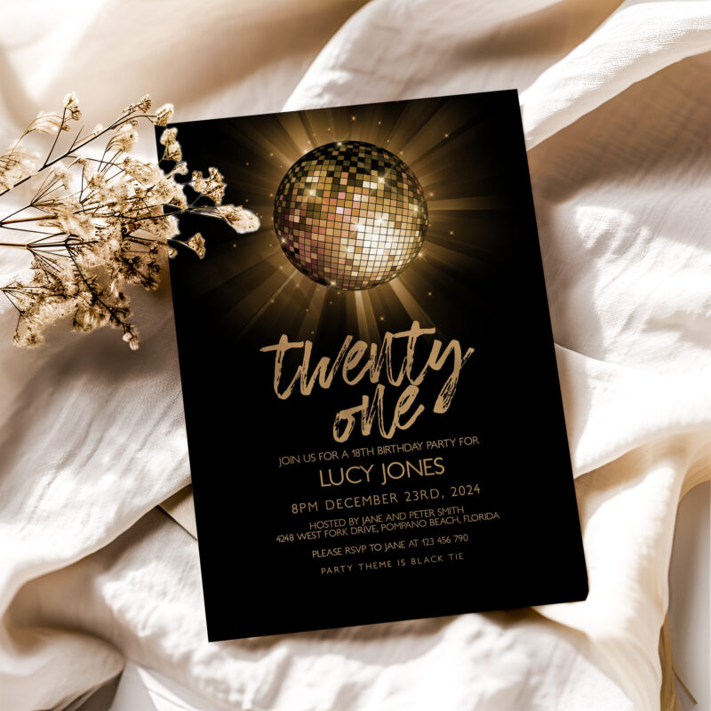 Gold Glitter Ball Invitation