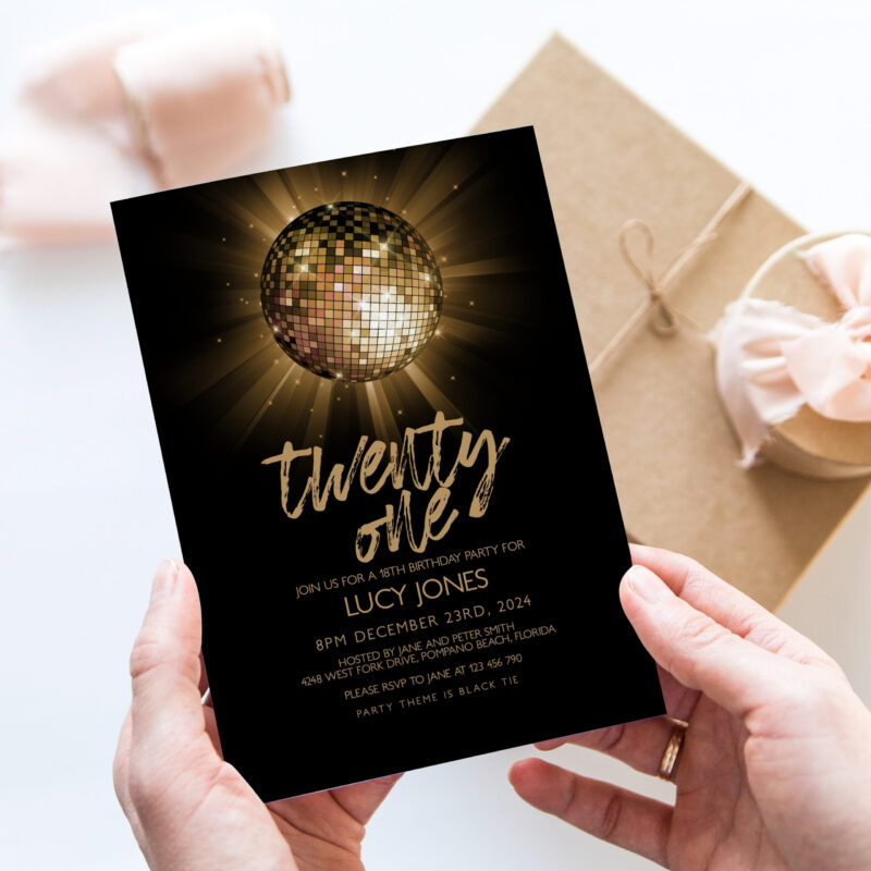 gold disco glitter ball invite