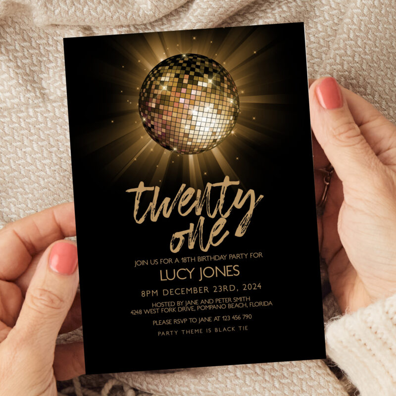 gold disco glitter ball invite