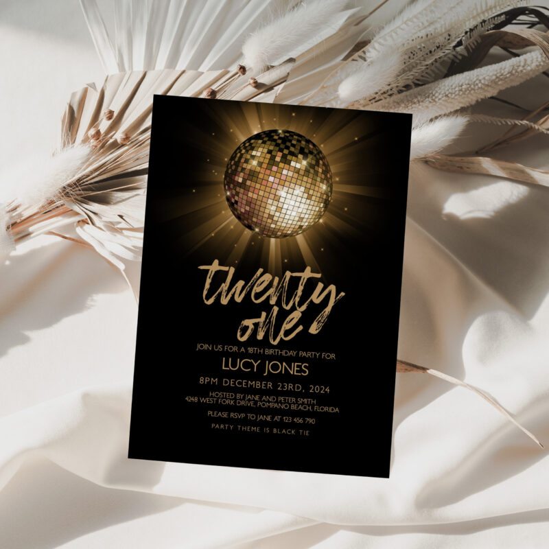 gold disco glitter ball invite